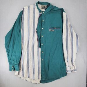 Spindle River Button Up Shirt L Teal Colorblock Geometric Grandad Band Collar